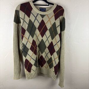 Vintage GANT Men's Argyle Crewneck Sweater Hand Intarsia Tan Grandpa Large